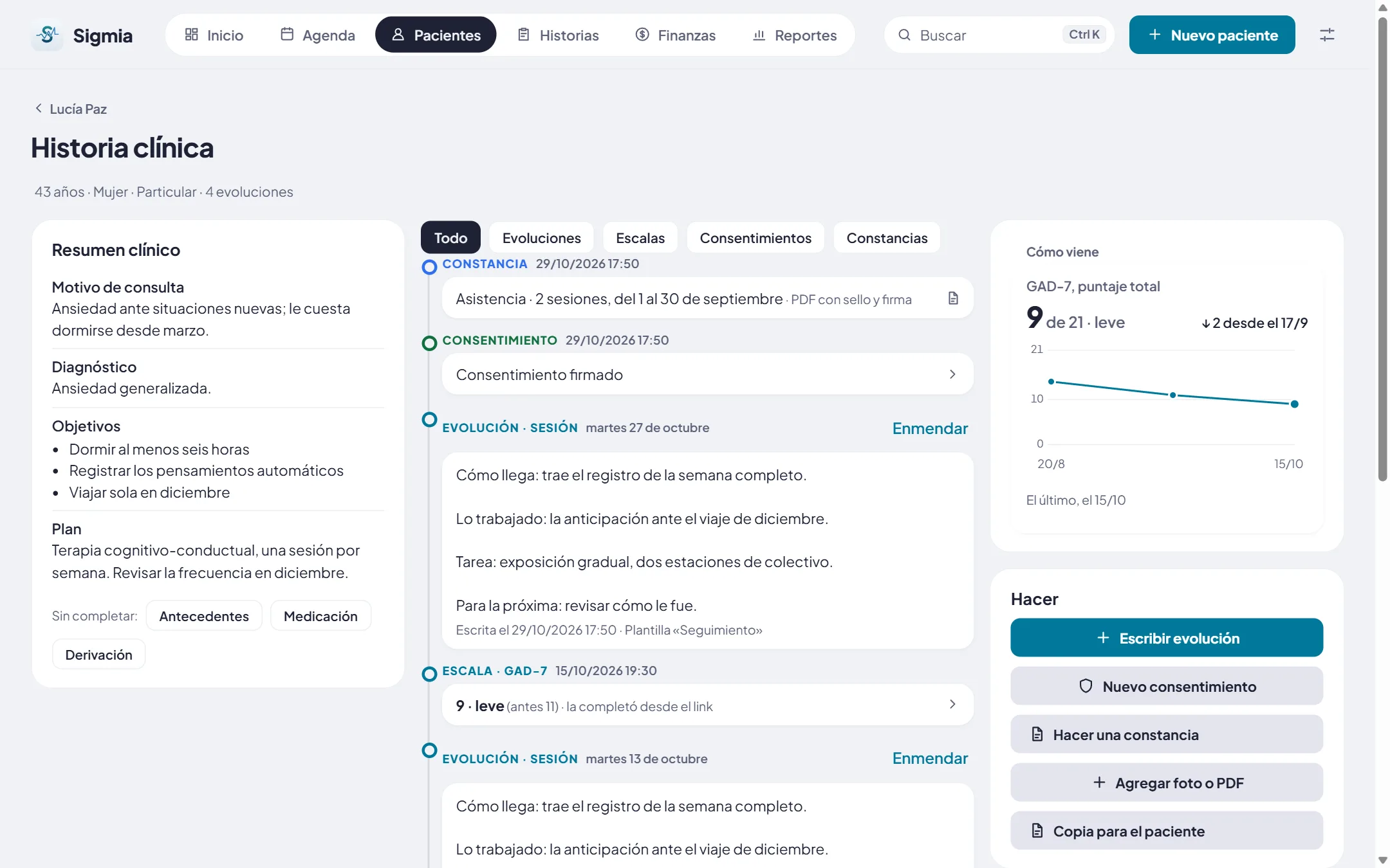 La historia clínica de una paciente en la computadora: el resumen clínico, la cronología y cómo viene, con datos de ejemplo