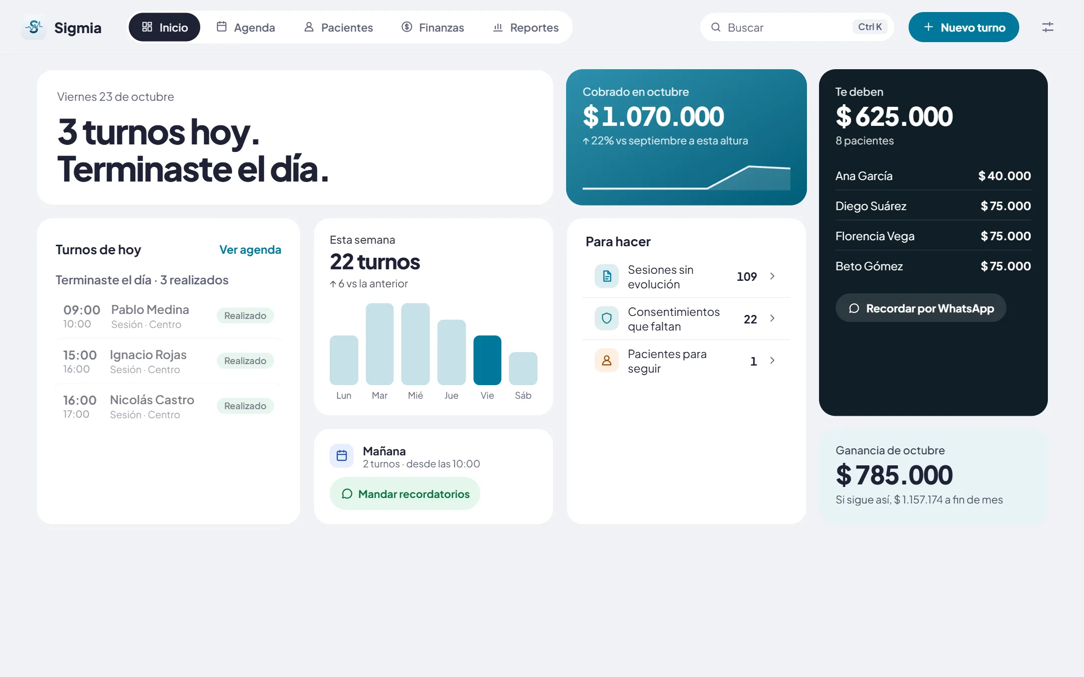 El Inicio de Sigmia en la computadora, con datos de ejemplo